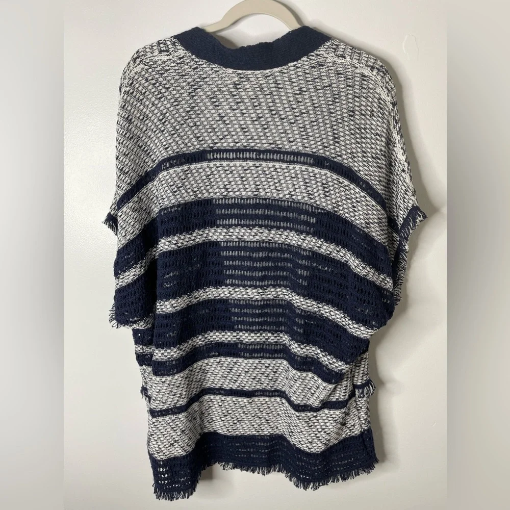 Style & Co Top Large Blue White Open Knit Kimono Topper Fringe Boho - Picture 3 of 9